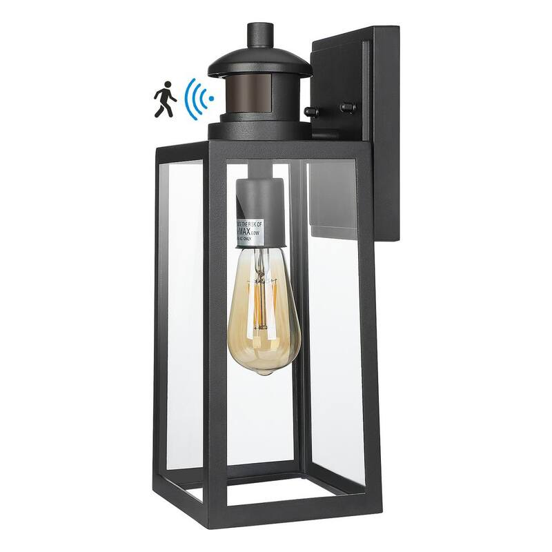 Linterna de pared al aire libre con sensor de movimiento de corriente alterna con cableado duro, de amanecer a anochecer, de color negro, de 14.2 pulgadas de DEWENWILS, sin focos incluidos - HOWL07A1