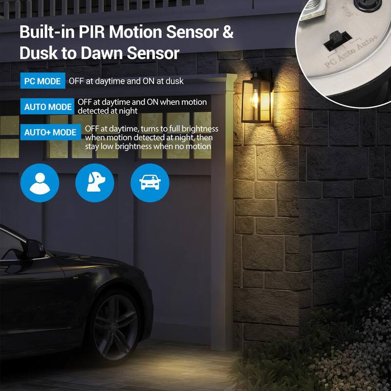 Linterna de pared al aire libre con sensor de movimiento de corriente alterna con cableado duro, de amanecer a anochecer, de color negro, de 14.2 pulgadas de DEWENWILS, sin focos incluidos - HOWL07A1