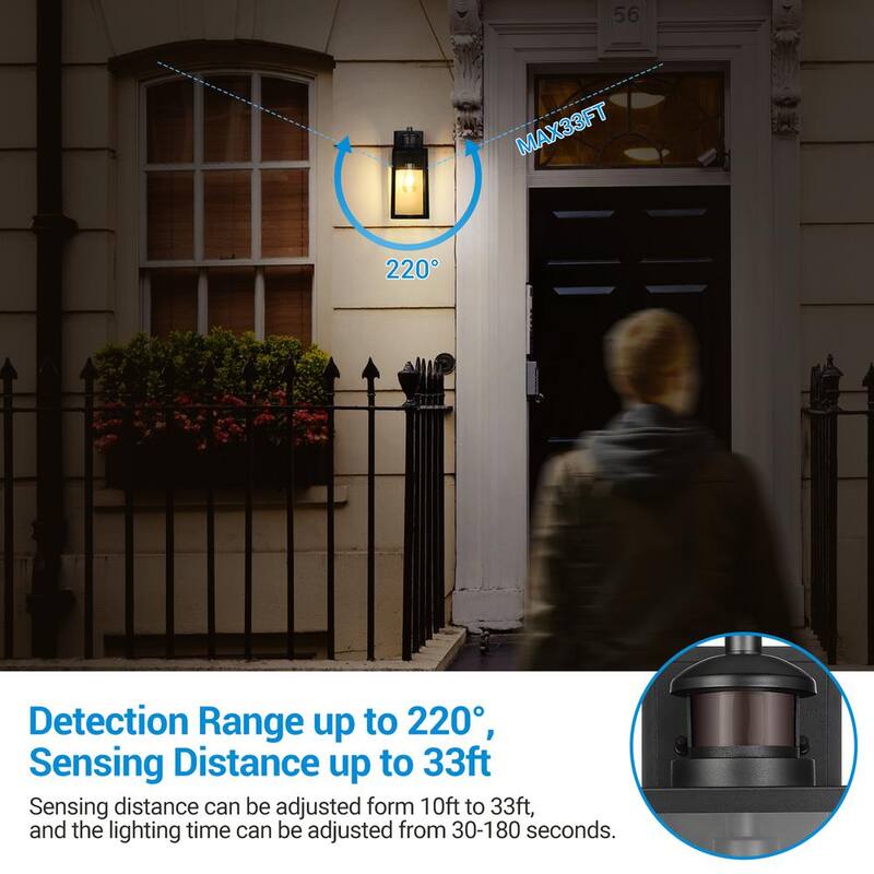Linterna de pared al aire libre con sensor de movimiento de corriente alterna con cableado duro, de amanecer a anochecer, de color negro, de 14.2 pulgadas de DEWENWILS, sin focos incluidos - HOWL07A1