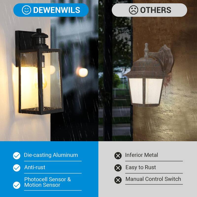 Linterna de pared al aire libre con sensor de movimiento de corriente alterna con cableado duro, de amanecer a anochecer, de color negro, de 14.2 pulgadas de DEWENWILS, sin focos incluidos - HOWL07A1