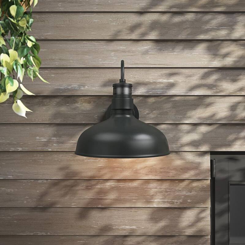 Luz de pared exterior con sensor de movimiento, diseño de cuello de ganso en color negro, al amanecer y al anochecer, 1 luz de 13.8 pulgadas - HSMD2215-DN-L-BK-G