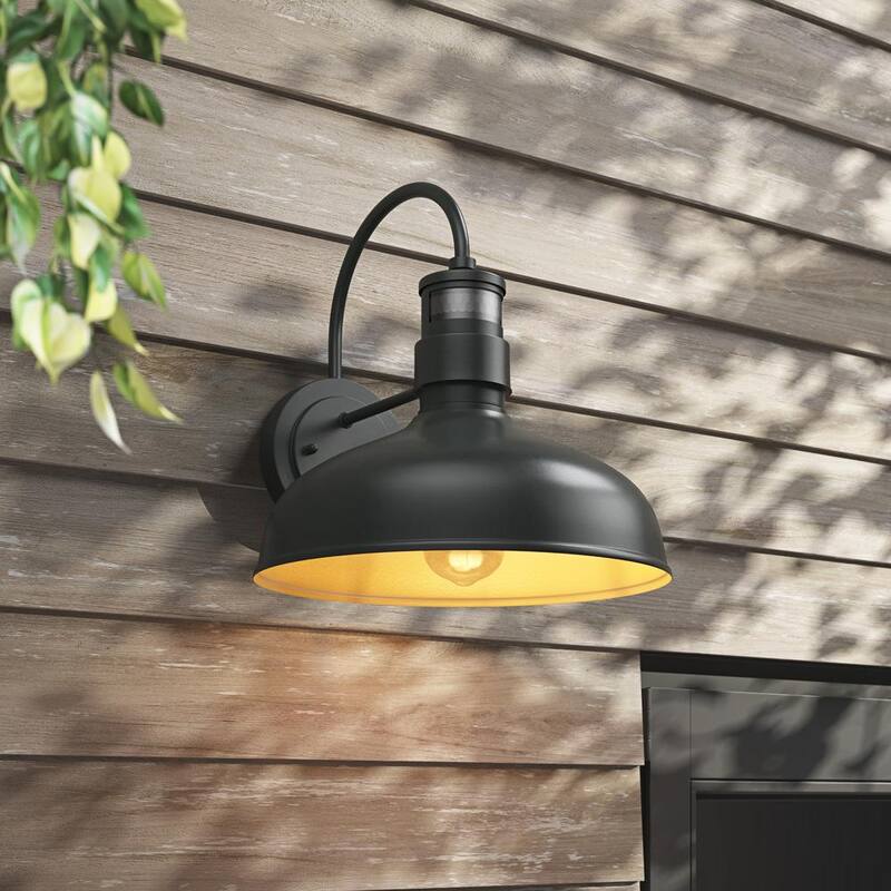 Luz de pared exterior con sensor de movimiento, diseño de cuello de ganso en color negro, al amanecer y al anochecer, 1 luz de 13.8 pulgadas - HSMD2215-DN-L-BK-G
