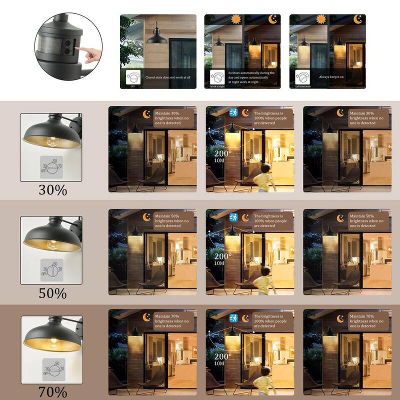 Luz de pared exterior con sensor de movimiento, diseño de cuello de ganso en color negro, al amanecer y al anochecer, 1 luz de 13.8 pulgadas - HSMD2215-DN-L-BK-G