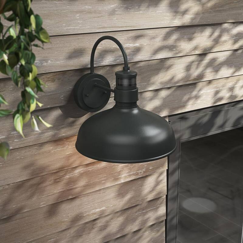 Luz de pared exterior con sensor de movimiento, diseño de cuello de ganso en color negro, al amanecer y al anochecer, 1 luz de 13.8 pulgadas - HSMD2215-DN-L-BK-G