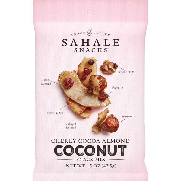Bocadillos Sahale Sahale 1.5 oz. Mezcla de bocadillos de cereza, almendra, cocoa y coco, PK42 - 9386900088