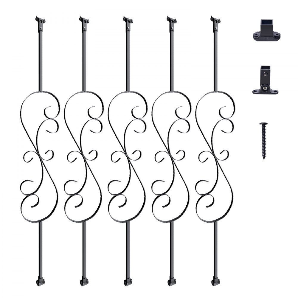 VEVOR Staircase Metal Balusters, 44'' x 1/2" Galvanized Steel Decorative Banister Spindles, 5 Pack S Shape Deck Baluster, Hollow Satin Black Spiral Stair Railing with Shoes & Screws - ZXKLGZ5G44YCUP3IFV0