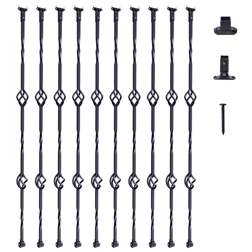 VEVOR Staircase Metal Balusters, 44'' x 1/2" Galvanized Steel Decorative Banister Spindles, 10 Pack Deck Baluster with Hollow Double Baskets, Spiral Stair Railing with Shoes & Screws - ZXKLGZ44YC103UJY9V0