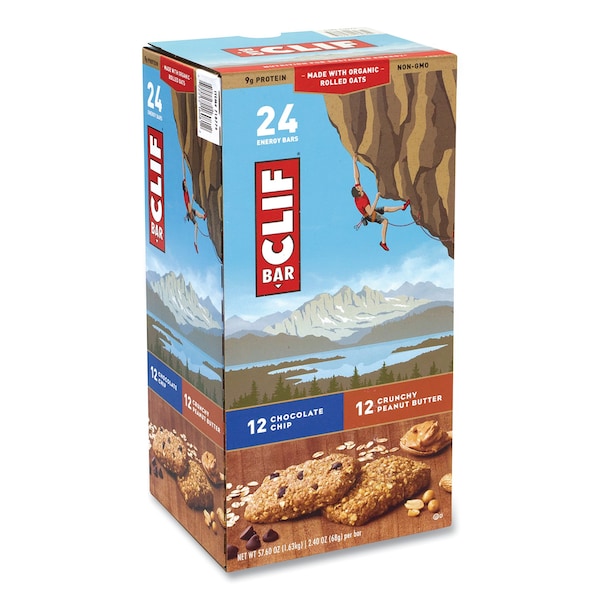 Barra de energía Clif Bar, Chocolate Chip/Mantequilla de cacahuate crujiente, 2.4 oz, paquete de 24 - 33100