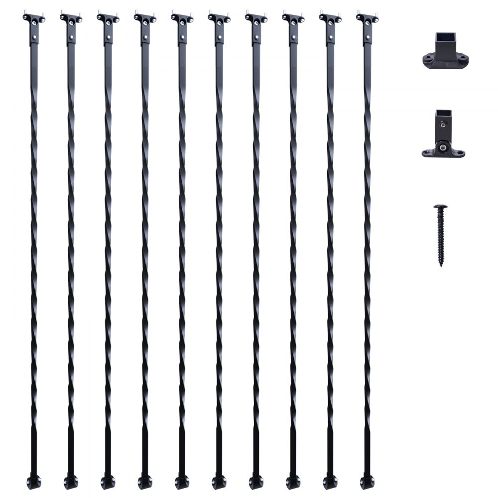 VEVOR Staircase Metal Balusters, 44'' x 1/2" Galvanized Steel Decorative Banister Spindles, 10 Pack Deck Baluster with Hollow Twists, Satin Black Spiral Stair Railing with Shoes & Screws - ZXKLGZ10G44YH4VC6V0