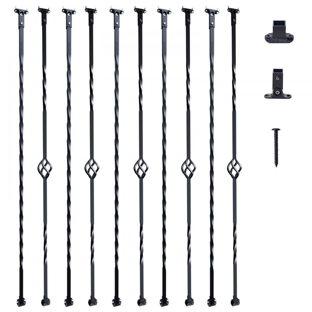 VEVOR Staircase Metal Balusters, 44'' x 1/2" Galvanized Steel Decorative Banister Spindles, 10 Pack Deck Baluster with Hollow Single Baskets, Twists, Spiral Stair Railing w/ Shoes & Screws - ZXKLGZ10G43835UVDV0