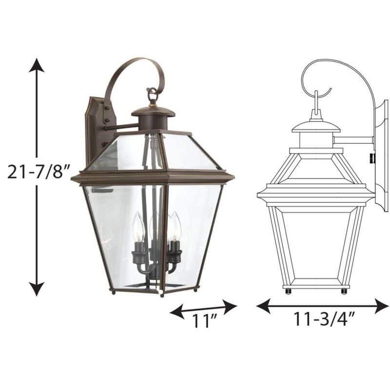 Iluminación Progress de la colección Burlington 3 luces de pared grandes al aire libre de estilo tradicional, en bronce antiguo con vidrio biselado transparente - P6617-20