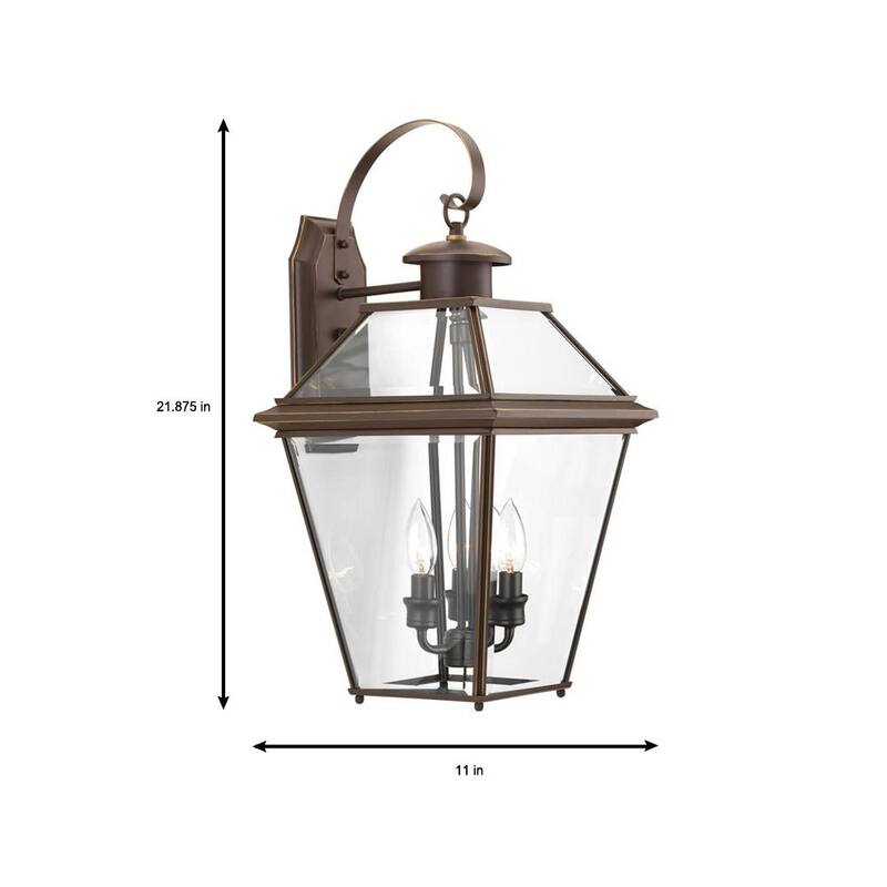 Iluminación Progress de la colección Burlington 3 luces de pared grandes al aire libre de estilo tradicional, en bronce antiguo con vidrio biselado transparente - P6617-20