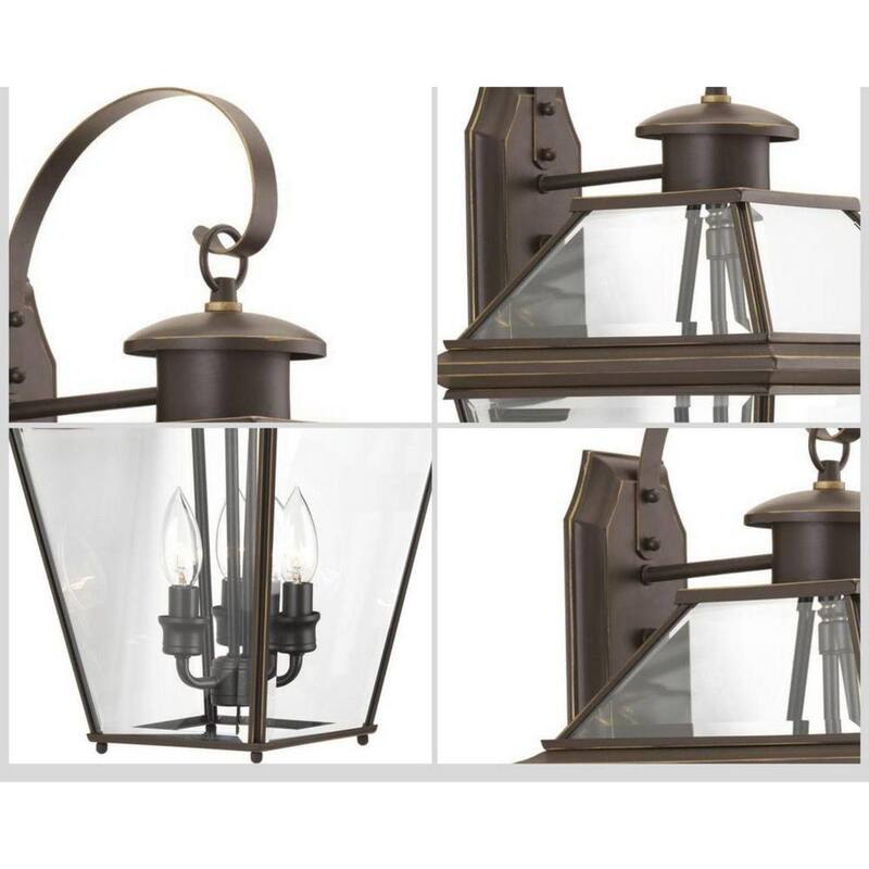 Iluminación Progress de la colección Burlington 3 luces de pared grandes al aire libre de estilo tradicional, en bronce antiguo con vidrio biselado transparente - P6617-20