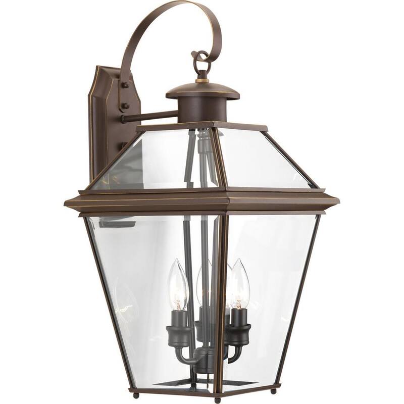 Iluminación Progress de la colección Burlington 3 luces de pared grandes al aire libre de estilo tradicional, en bronce antiguo con vidrio biselado transparente - P6617-20