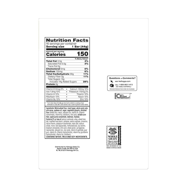 Kelloggs Kellogg's Barrita de cereal Nutri-Grain de manzana y canela de 1.55 oz, paquete con 96 piezas - 3800059779