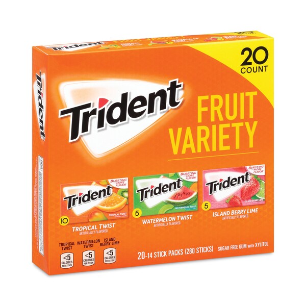 Chicle Trident SugarFree, Variedad de Frutas, 14 Piezas, Paquete de 20, 20 paquetes - 22000891