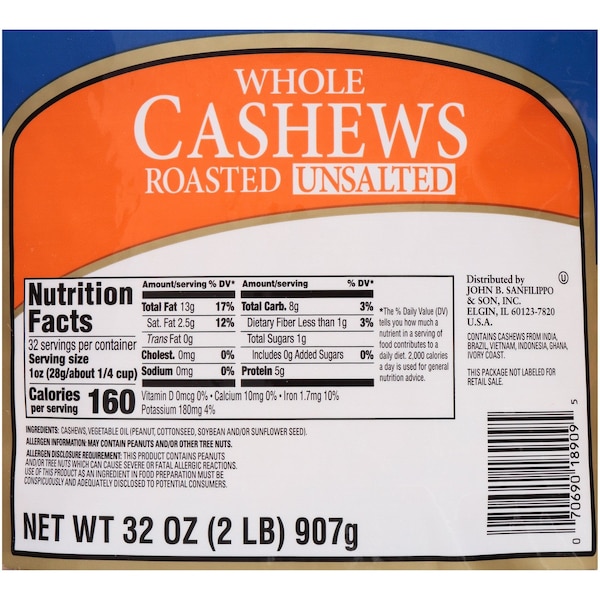 Fisher Fisher - Anacardos enteros tostados sin sal 32 oz., PK3 - 18909A