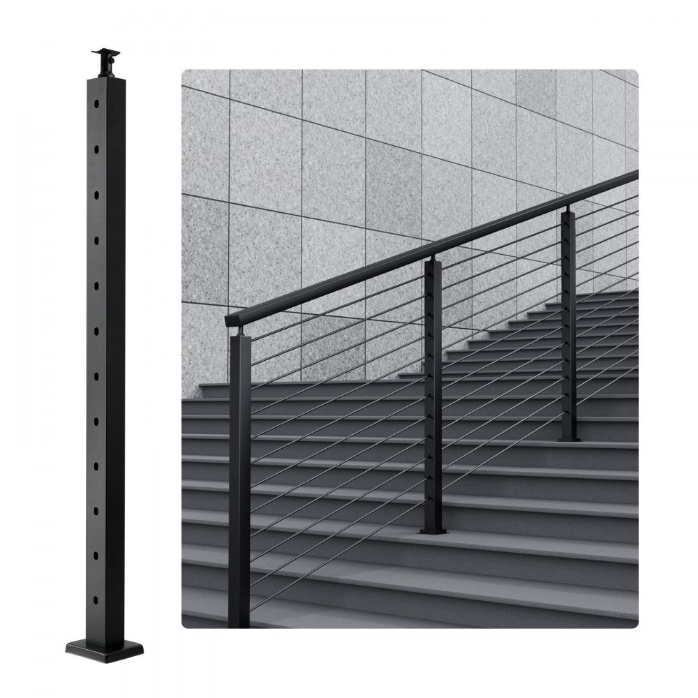 VEVOR Cable Railing Post, 42" x 2" x 2" Steel 30° Angled Hole Stair Railing Post, 12 Pre-Drilled Holes, SUS304 Stainless Steel Cable Rail Post with Horizontal and Curved Bracket, 1-Pack, Black - 1JZLGZ106755Y9XMJV0