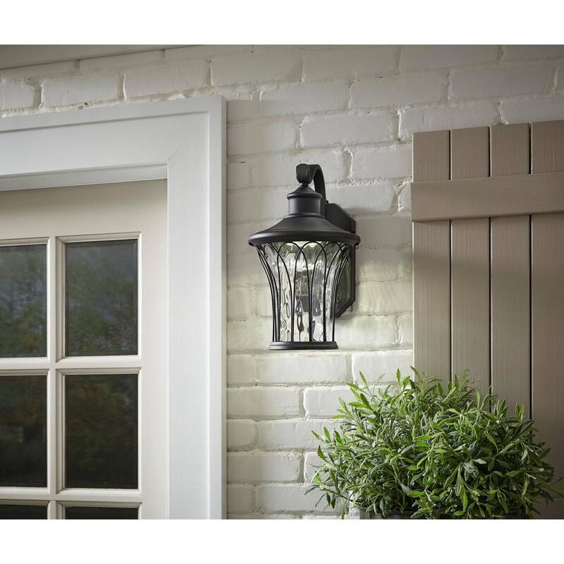 Colección de decoración para el hogar Avia Falls 14.5 pulgadas Lámpara de pared exterior LED grande en color negro, con sensor de crepúsculo a amanecer y cristal de agua transparente - LED-HD501BK MED