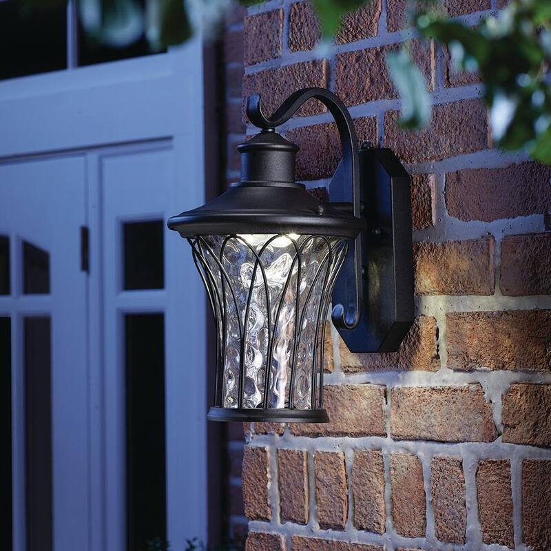 Colección de decoración para el hogar Avia Falls 14.5 pulgadas Lámpara de pared exterior LED grande en color negro, con sensor de crepúsculo a amanecer y cristal de agua transparente - LED-HD501BK MED