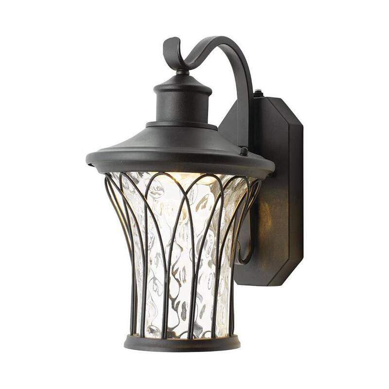 Colección de decoración para el hogar Avia Falls 14.5 pulgadas Lámpara de pared exterior LED grande en color negro, con sensor de crepúsculo a amanecer y cristal de agua transparente - LED-HD501BK MED
