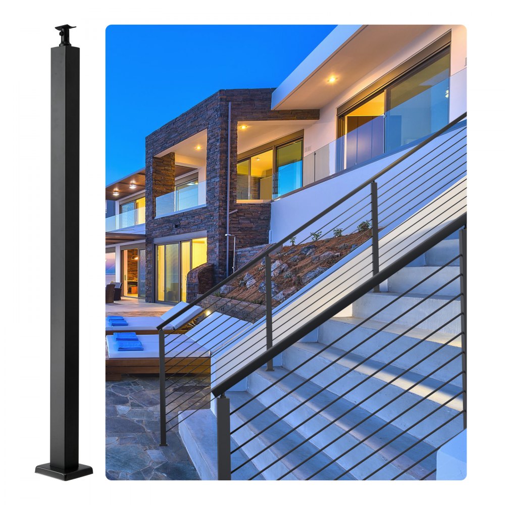 VEVOR Cable Railing Post, 36" x 2" x 2" Steel Level Deck Railing Post Without Holes, SUS304 Stainless Steel Cable Rail Post, Stair Handrail Post with Horizontal and Curved Bracket, 1-Pack, Black - 1JZLGZ91455H6Z2UHV0