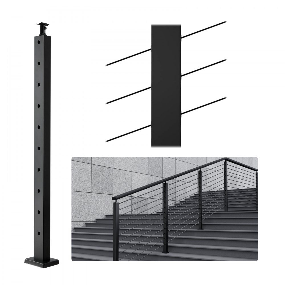 VEVOR Cable Railing Post, 36" x 1" x 2" Steel 30° Angled Hole Stair Railing Post, 10 Pre-Drilled Holes, SUS304 Stainless Steel Cable Rail Post with Horizontal and Curved Bracket, 1-Pack, Black - 1JZLGZHS91424HS5GV0