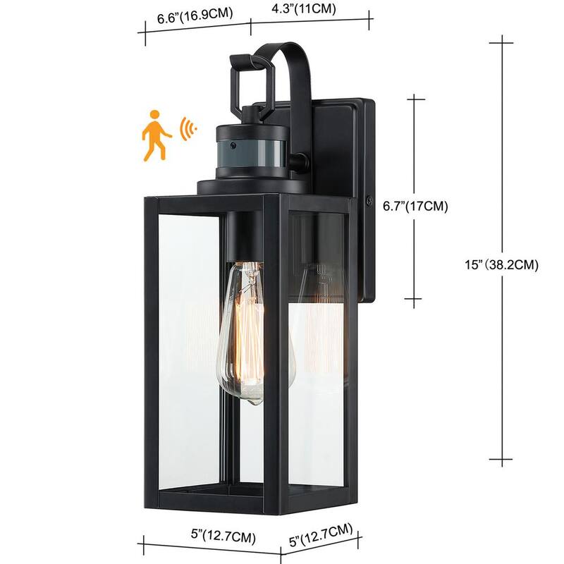 Lámpara de pared exterior con sensor de movimiento en negro mate de 1 luz de Uixe de 15 pulgadas, con sensor crepuscular y vidrio transparente - SSL-12151-MS