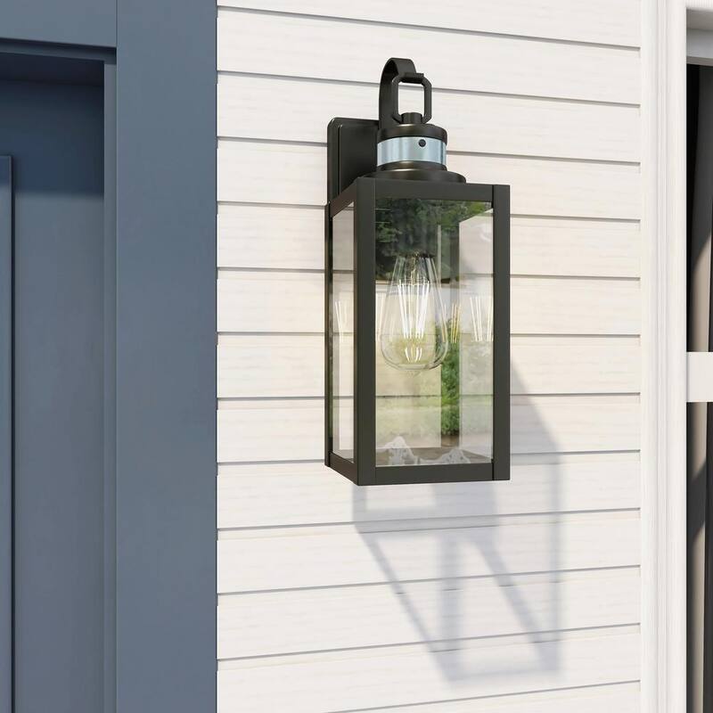 Lámpara de pared exterior con sensor de movimiento en negro mate de 1 luz de Uixe de 15 pulgadas, con sensor crepuscular y vidrio transparente - SSL-12151-MS