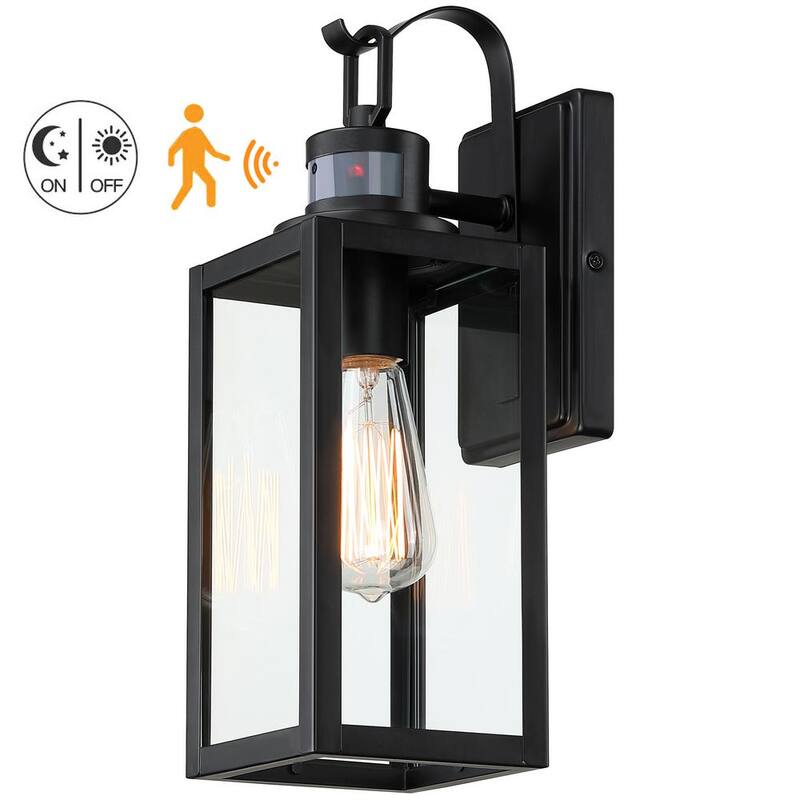 Lámpara de pared exterior con sensor de movimiento en negro mate de 1 luz de Uixe de 15 pulgadas, con sensor crepuscular y vidrio transparente - SSL-12151-MS