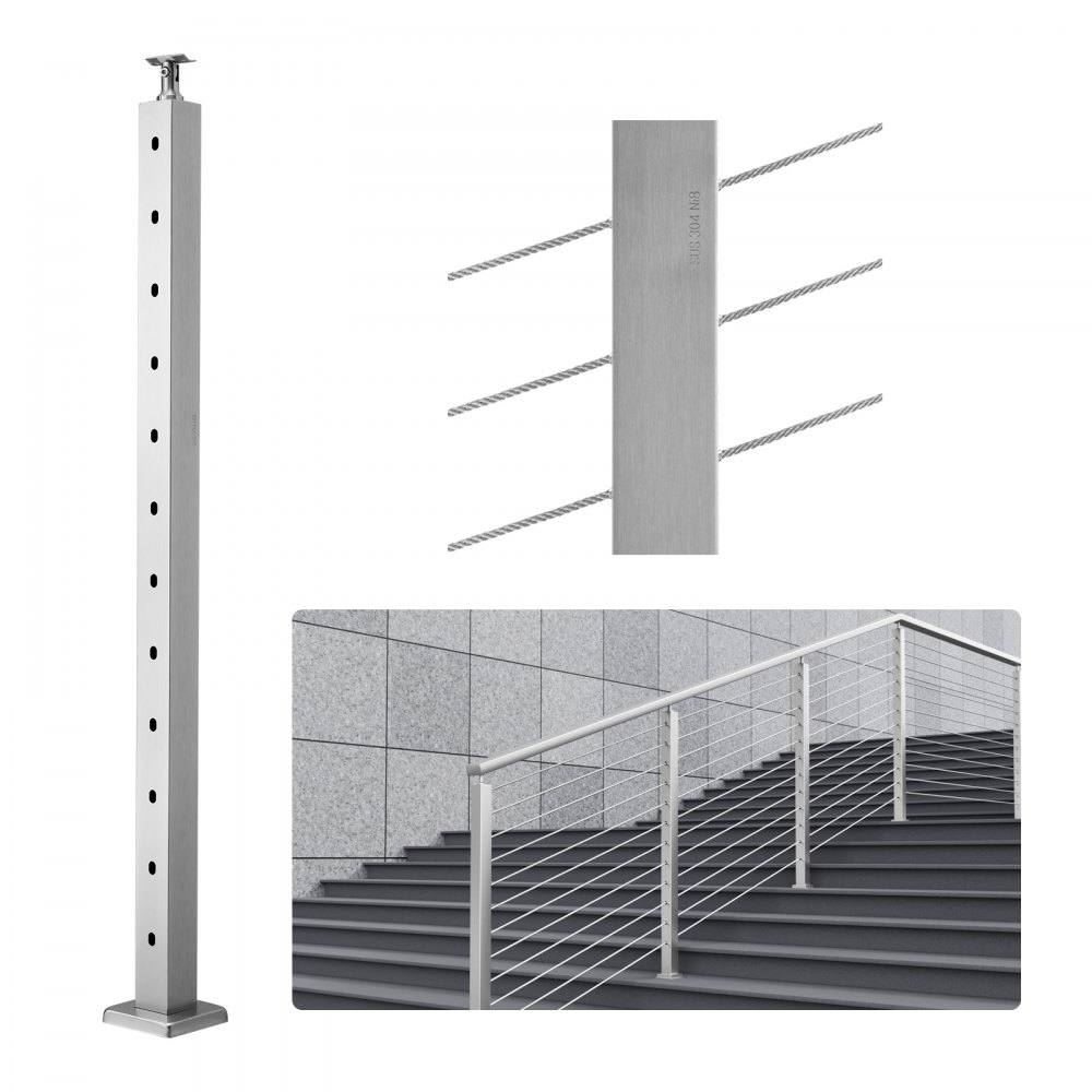 VEVOR Cable Railing Post, 42" x 2" x 2" Steel 30° Angled Hole Stair Railing Post, 12 Pre-Drilled Holes, SUS304 Stainless Steel Cable Rail Post with Horizontal and Curved Bracket, 1-Pack, Silver - 1JZLGZ1067556VUN5V0
