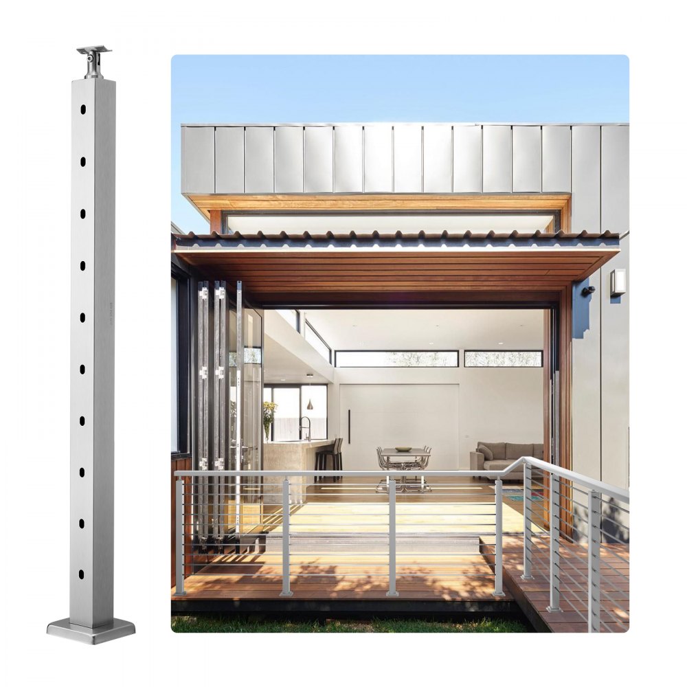 VEVOR Cable Railing Post, 36" x 2" x 2" Steel Horizontal Hole Deck Railing Post, 10 Pre-Drilled Holes, SUS304 Stainless Steel Cable Rail Post with Horizontal and Curved Bracket, 1-Pack, Silver - 1JZLGZ91455YMDM3LV0