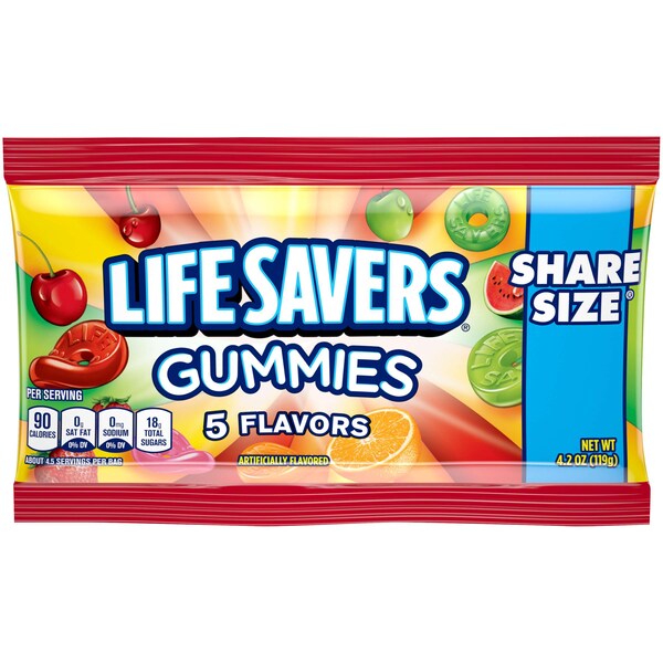 Salvavidas Tamaño Compartir Lifesavers 5 Gomitas Lisas 4.2 oz. Bolsa, PK90 - 278079