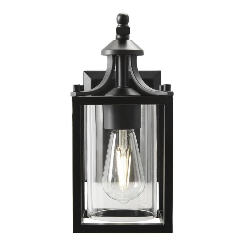 Lámpara de pared al aire libre Hampton Bay Boswell Quarter de 12.12 pulgadas en negro mate, con 1 luz y cableado duro, con pantalla de vidrio transparente - 1036HBMBDI