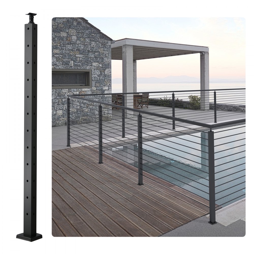 VEVOR Cable Railing Post, 42" x 1" x 2" Steel L-Shaped Hole Corner Railing Post, 12 Pre-Drilled Holes, SUS304 Stainless Steel Cable Rail Post with Horizontal and Curved Bracket, 1-Pack, Black - 1JZLGZHS1067CSWRBV0
