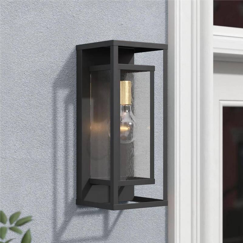 Lámpara de pared para exteriores Maxax Montpelier de 1 luz, color negro, cableado duro, 16 pulgadas de alto, con función de encendido al anochecer y apagado al amanecer - Linterna de pared MX7006-W1BK.