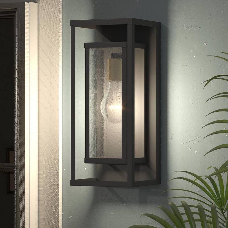 Lámpara de pared para exteriores Maxax Montpelier de 1 luz, color negro, cableado duro, 16 pulgadas de alto, con función de encendido al anochecer y apagado al amanecer - Linterna de pared MX7006-W1BK.