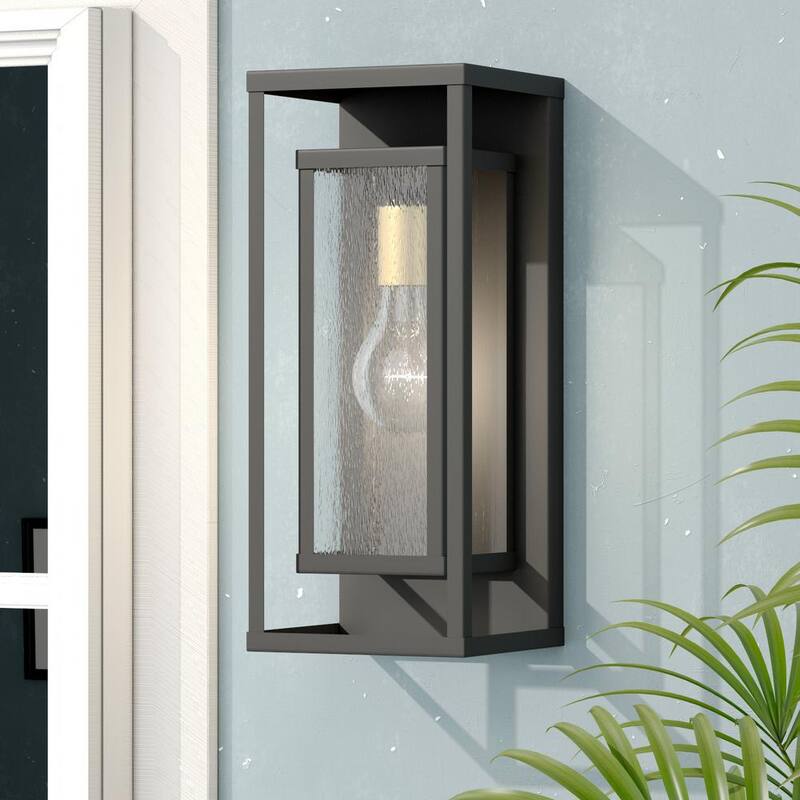 Lámpara de pared para exteriores Maxax Montpelier de 1 luz, color negro, cableado duro, 16 pulgadas de alto, con función de encendido al anochecer y apagado al amanecer - Linterna de pared MX7006-W1BK.