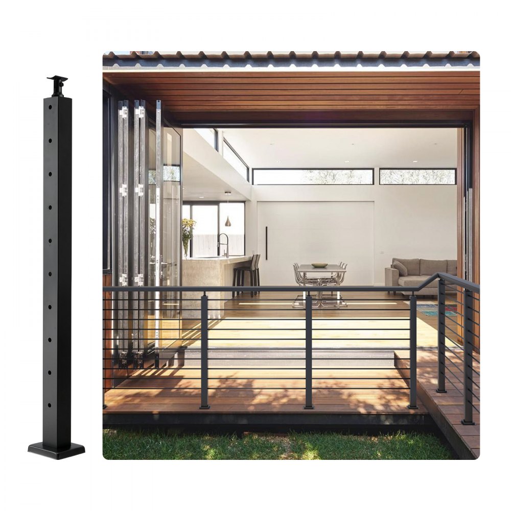 VEVOR Cable Railing Post, 36" x 2" x 2" Steel Horizontal Hole Deck Railing Post, 10 Pre-Drilled Holes, SUS304 Stainless Steel Cable Rail Post with Horizontal and Curved Bracket, 1-Pack, Black - 1JZLGZ91455HTSTZXV0