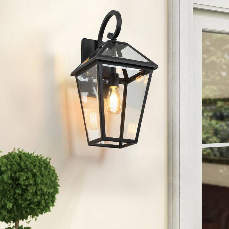 Linterna de pared para exteriores FIRHOT de vidrio transparente negro de amanecer a anochecer con cableado resistente al agua, sin bombillas incluidas - AW-H435-C