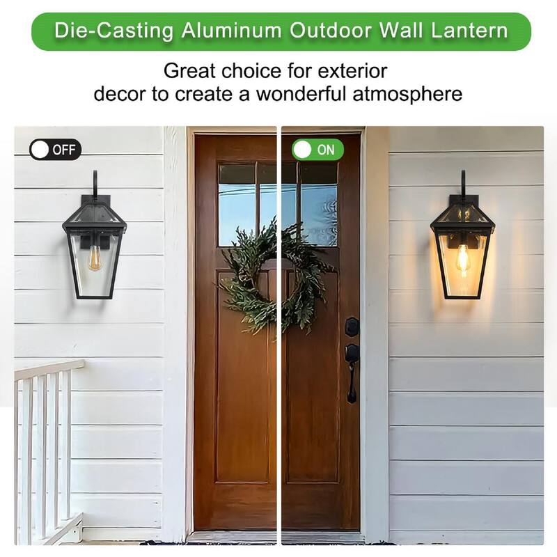 Linterna de pared para exteriores FIRHOT de vidrio transparente negro de amanecer a anochecer con cableado resistente al agua, sin bombillas incluidas - AW-H435-C