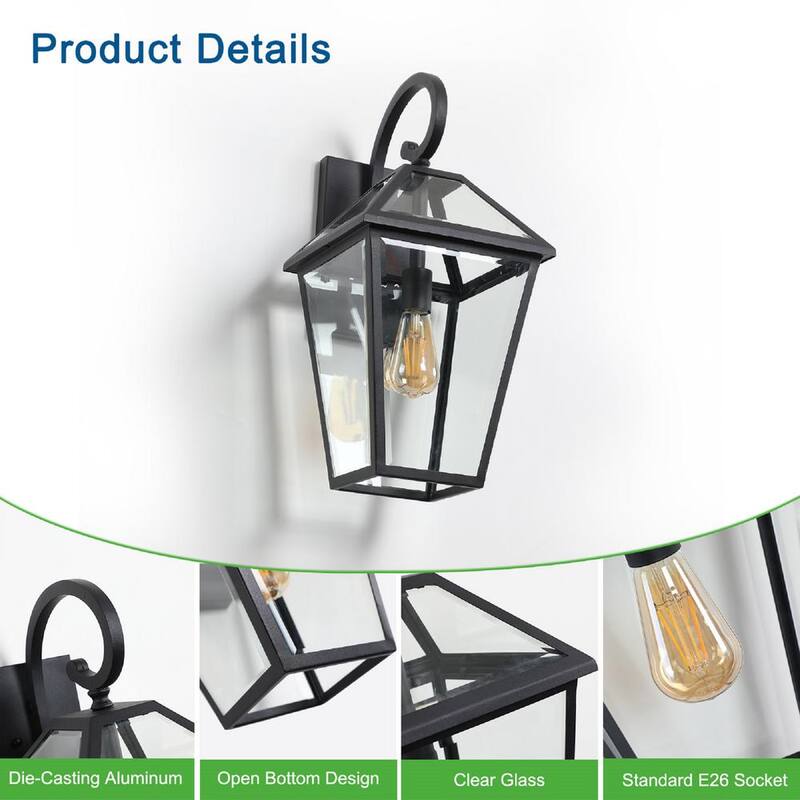 Linterna de pared para exteriores FIRHOT de vidrio transparente negro de amanecer a anochecer con cableado resistente al agua, sin bombillas incluidas - AW-H435-C