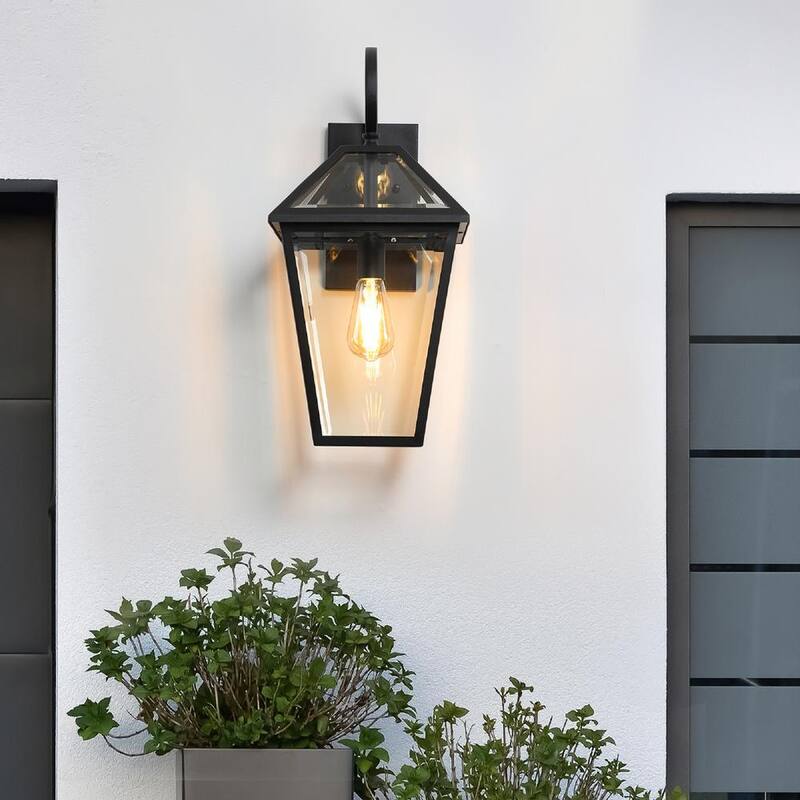 Linterna de pared para exteriores FIRHOT de vidrio transparente negro de amanecer a anochecer con cableado resistente al agua, sin bombillas incluidas - AW-H435-C