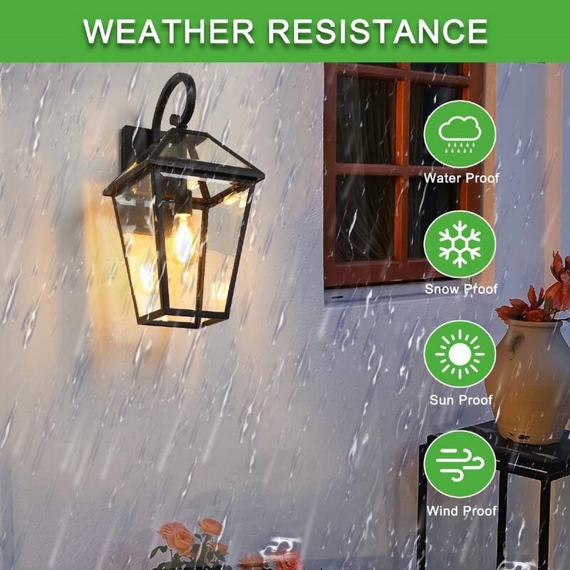 Linterna de pared para exteriores FIRHOT de vidrio transparente negro de amanecer a anochecer con cableado resistente al agua, sin bombillas incluidas - AW-H435-C