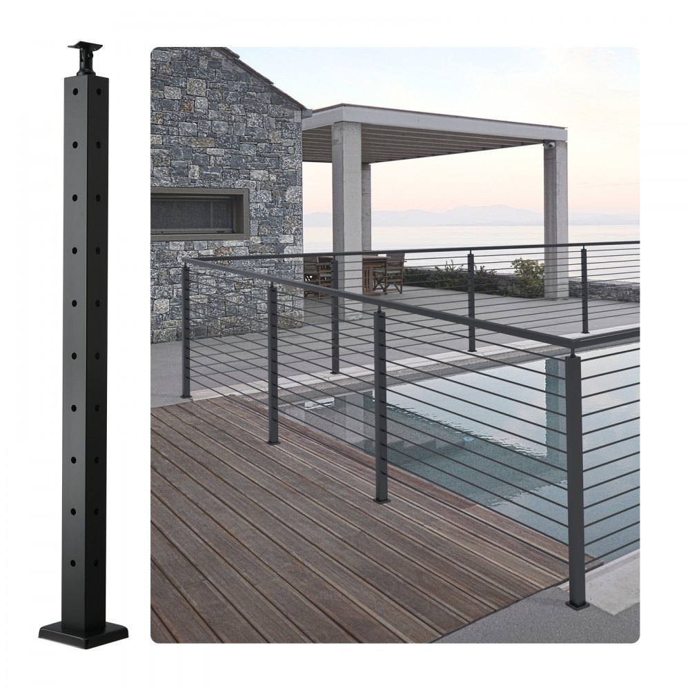 VEVOR Cable Railing Post, 36" x 2" x 2" Steel L-Shaped Hole Corner Railing Post, 10 Pre-Drilled Holes, SUS304 Stainless Steel Cable Rail Post with Horizontal and Curved Bracket, 1-Pack, Black - 1JZLGZ91455HVMLPYV0