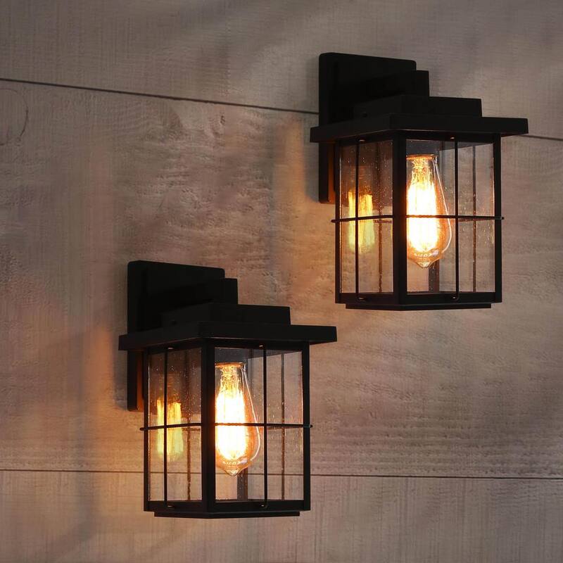 Lámpara de pared exterior cuadrada moderna industrial LNC en color negro con pantalla de vidrio sembrado 1 luz, para entrada de porche (paquete de 2) - 6VZRFIHD1254D37