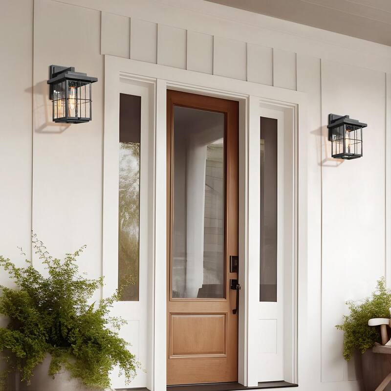 Lámpara de pared exterior cuadrada moderna industrial LNC en color negro con pantalla de vidrio sembrado 1 luz, para entrada de porche (paquete de 2) - 6VZRFIHD1254D37