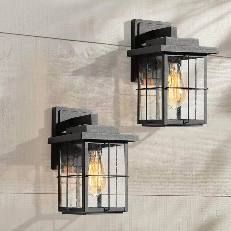 Lámpara de pared exterior cuadrada moderna industrial LNC en color negro con pantalla de vidrio sembrado 1 luz, para entrada de porche (paquete de 2) - 6VZRFIHD1254D37