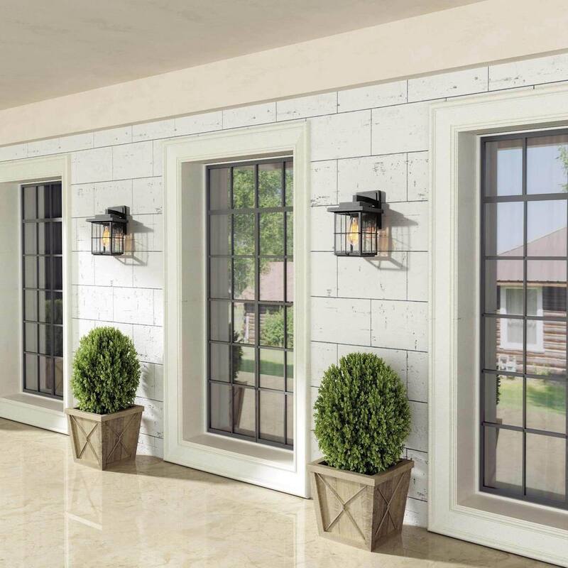 Lámpara de pared exterior cuadrada moderna industrial LNC en color negro con pantalla de vidrio sembrado 1 luz, para entrada de porche (paquete de 2) - 6VZRFIHD1254D37