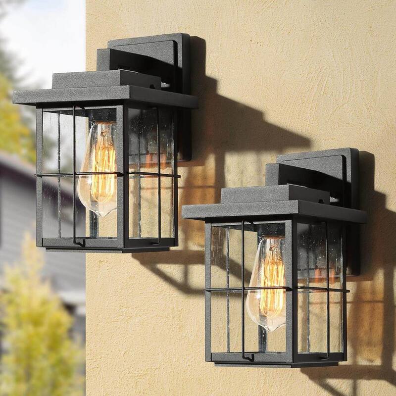 Lámpara de pared exterior cuadrada moderna industrial LNC en color negro con pantalla de vidrio sembrado 1 luz, para entrada de porche (paquete de 2) - 6VZRFIHD1254D37